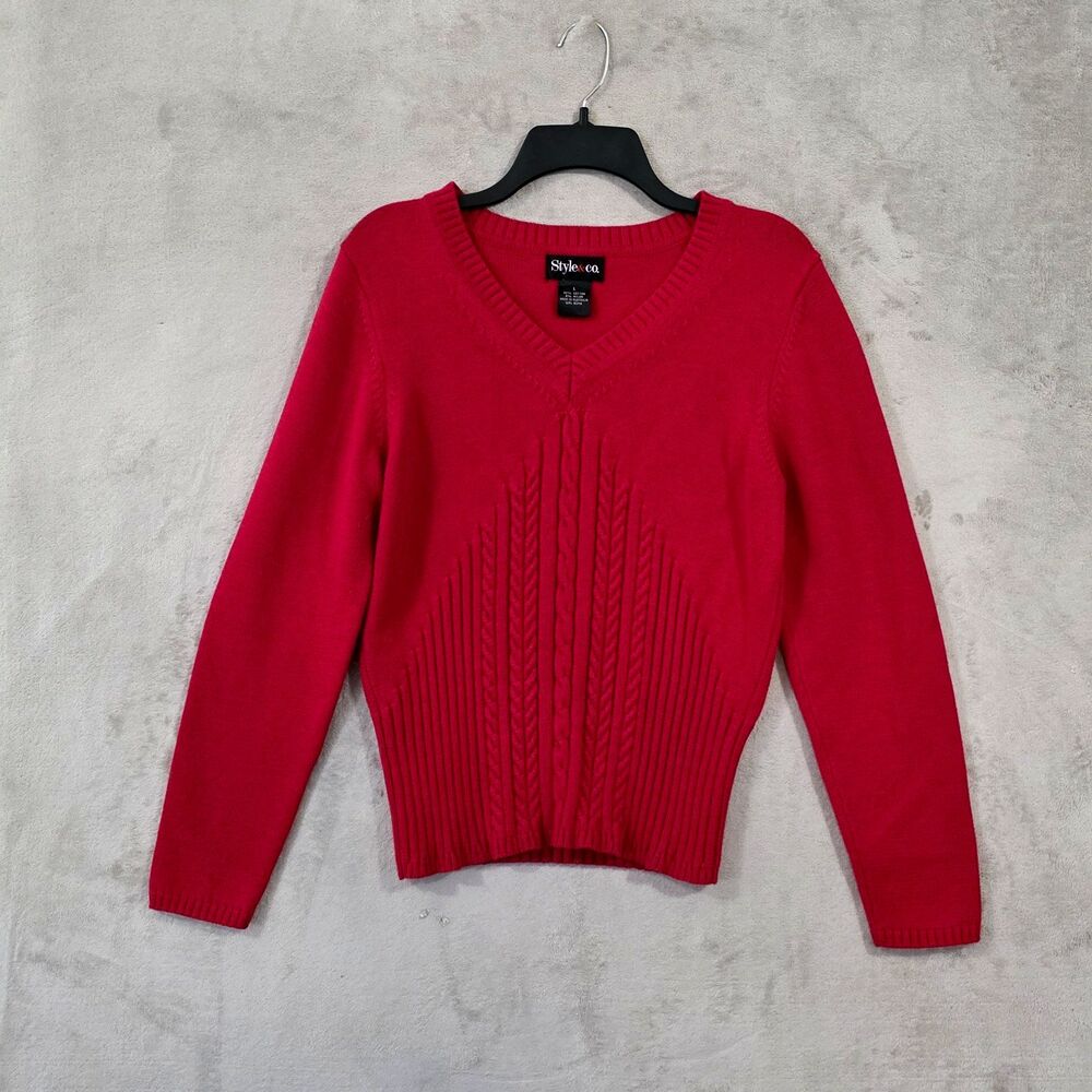 Style & Co. Women's Pullover Red Cable knit Sweater Sz L